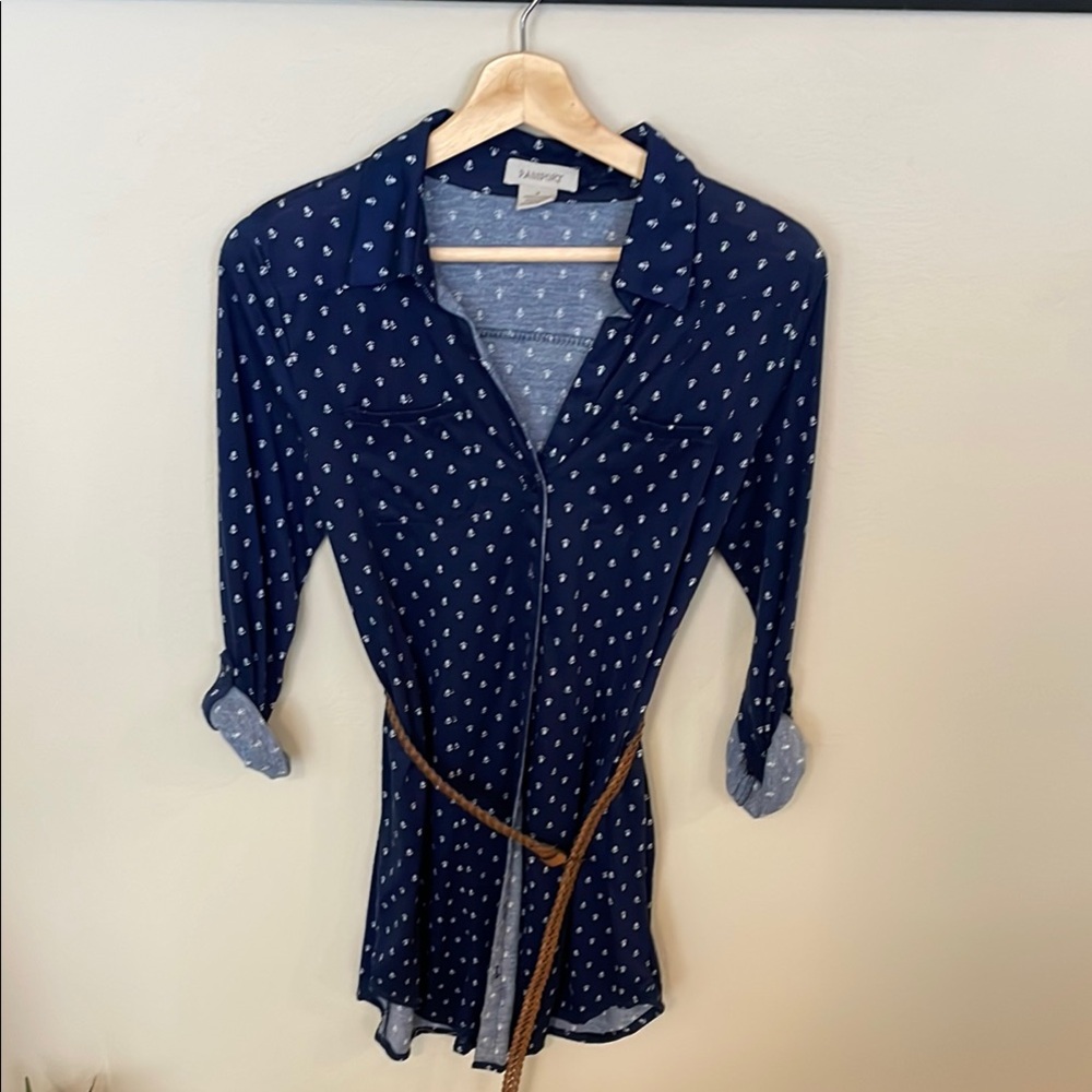 Passport Blue and White Button Down Dress with Notched Collar